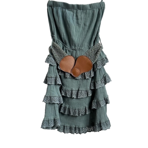 Rebellion Dresses & Skirts - Rebellion Sage Green Strapless Dress Tiered Lace Ruffles Coastal Cowgirl Medium
